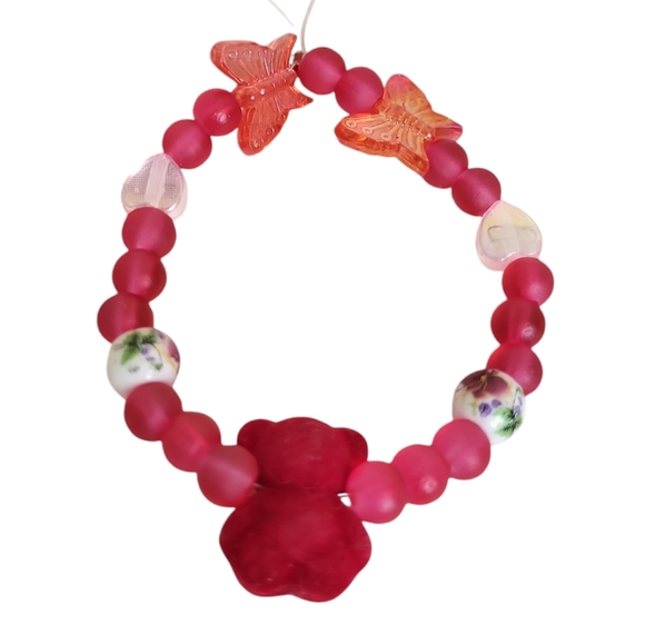 Red Flocked Bear Resin Velvet Beads Floral Peony Ceramic Acrylic Bracelet - Picture 2 of 2